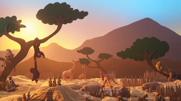 African savanna sunset with giraffes, leopards, monkeys, and acacia trees