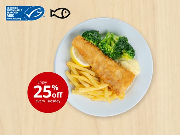 Alaska pollock fish and chips with broccoli