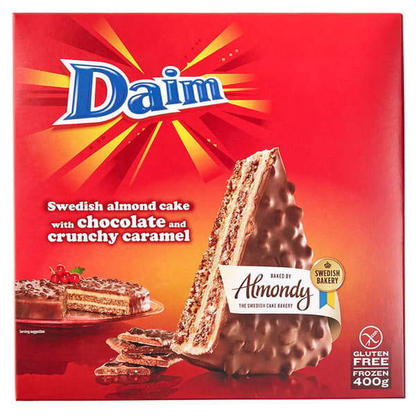 Almondy tilbagekalder en begrænset mængde af Daim mandelkage med chokolade og knas 400g (203.476.27), da der er blevet fundet metal i en kage. Produktet tilbagekaldes som en forebyggende foranstaltning. 