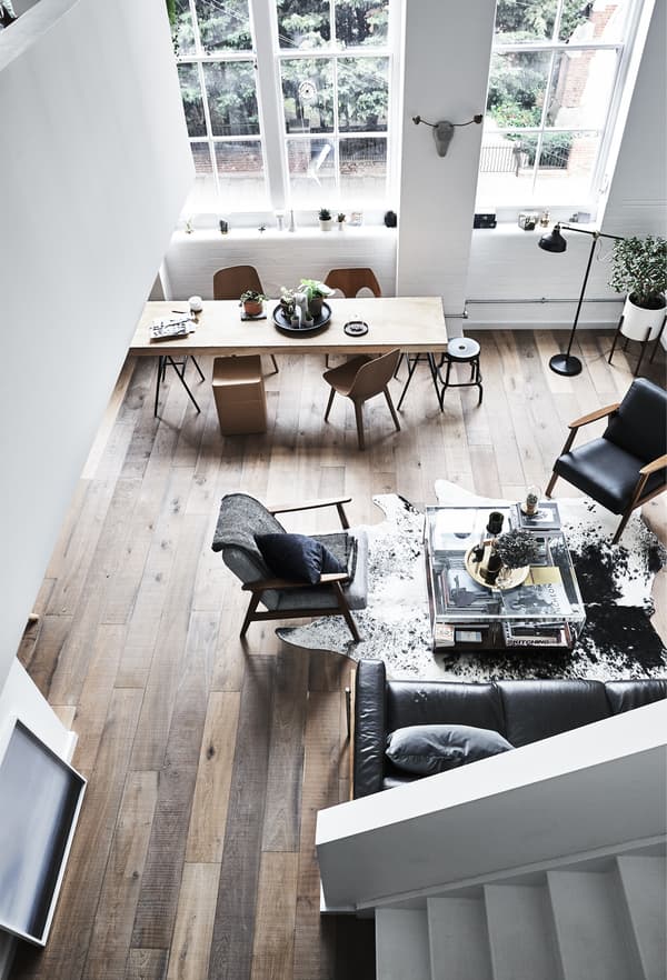 An aerial view of an open-plan living area.