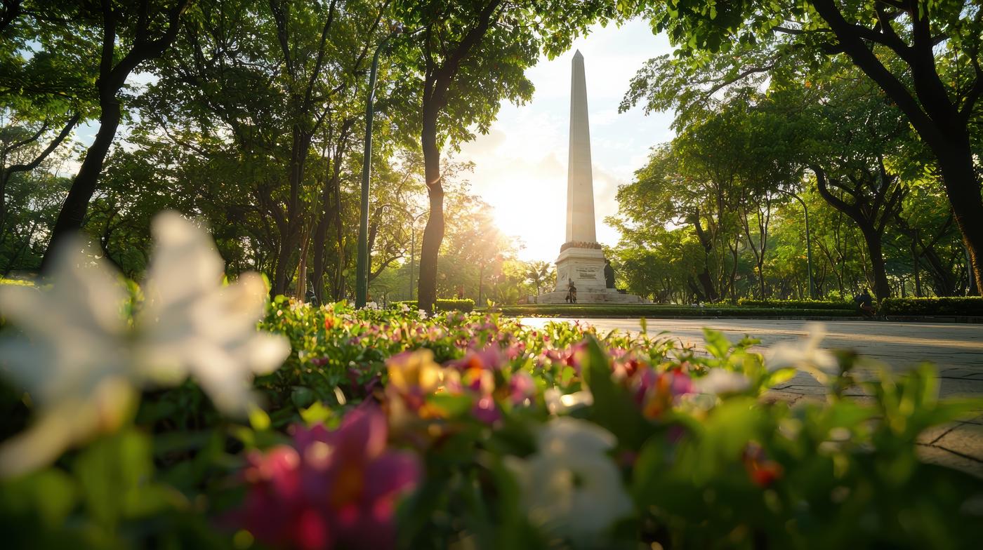 An artistic shot of the Jose Rizal Monument framed by lush trees and vibrant flowers in Rizal Park, capturing the monument's historical significance. 