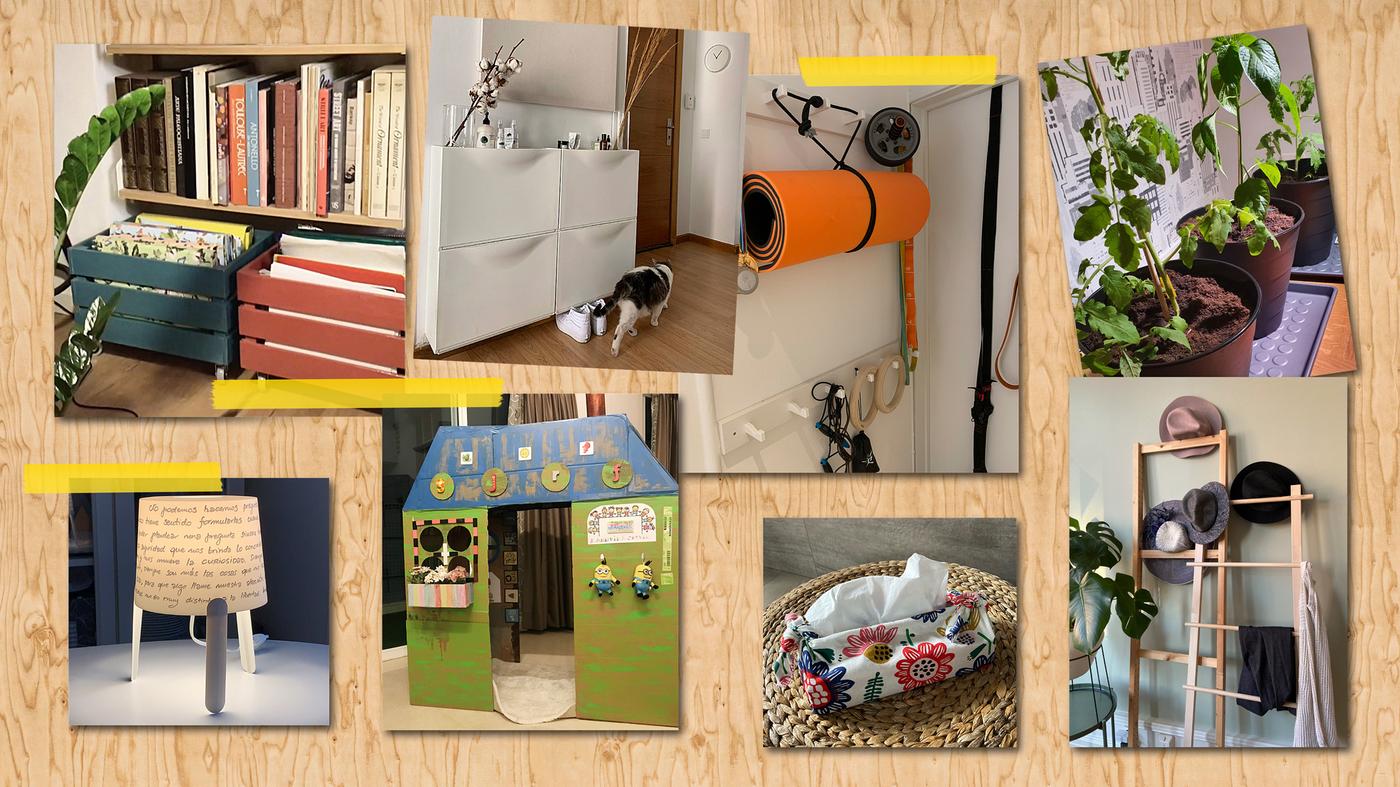 An eight-image collage showing various home-furnishing solutions for storage, decoration and play made by IKEA co-workers.