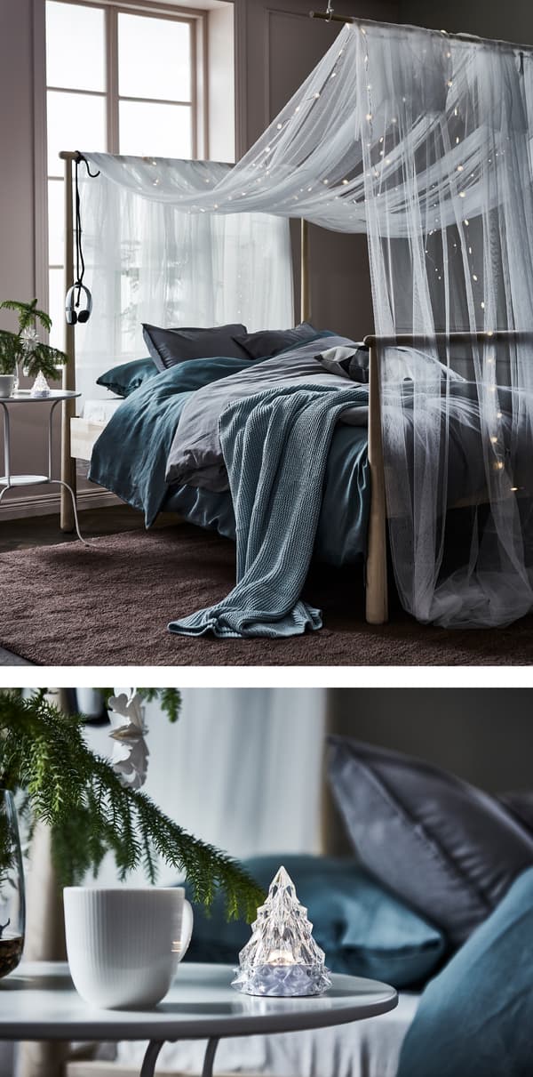 An ethereal textile, dreamy light chains, cozy linens and a comfortable bed provide a relaxing place to get away from it all.
