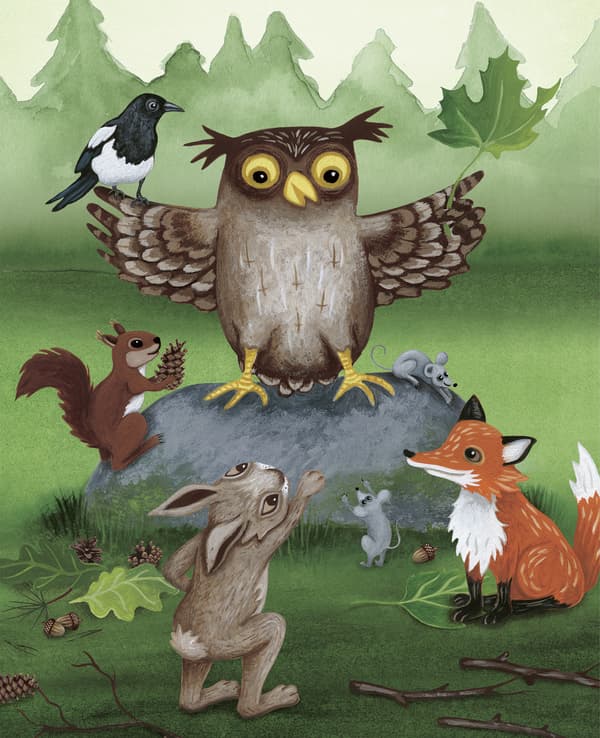 An illustration from a children’s book about an owl.