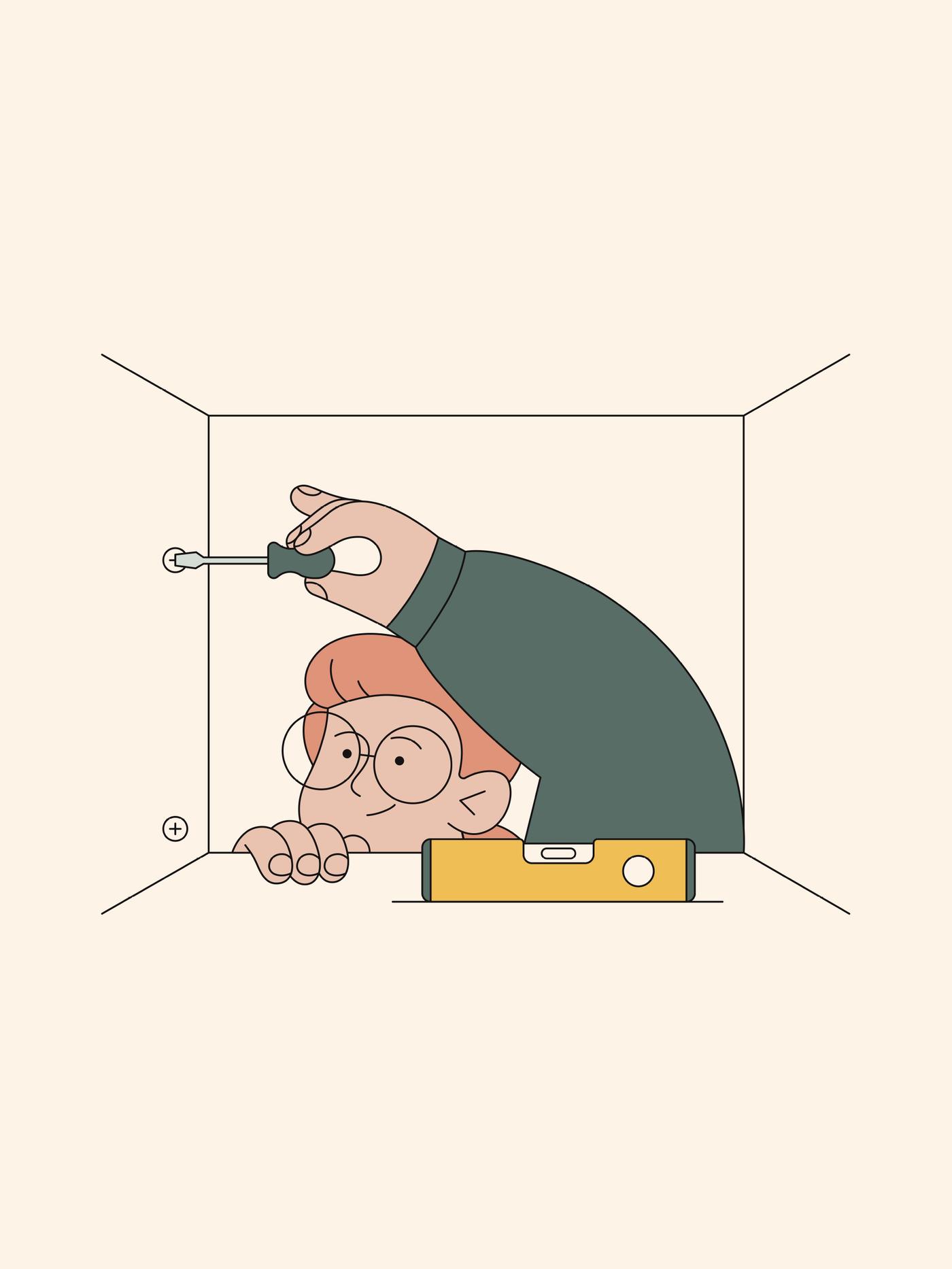 An illustration of a man with glasses, assembling a cabinet using a screwdriver, with a spirit-level on the shelf.