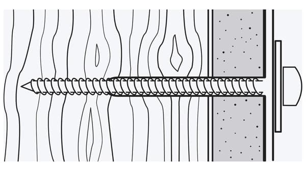 An illustration of a screw which has been screwed through a layer of a material such as plasterboard and into wood.