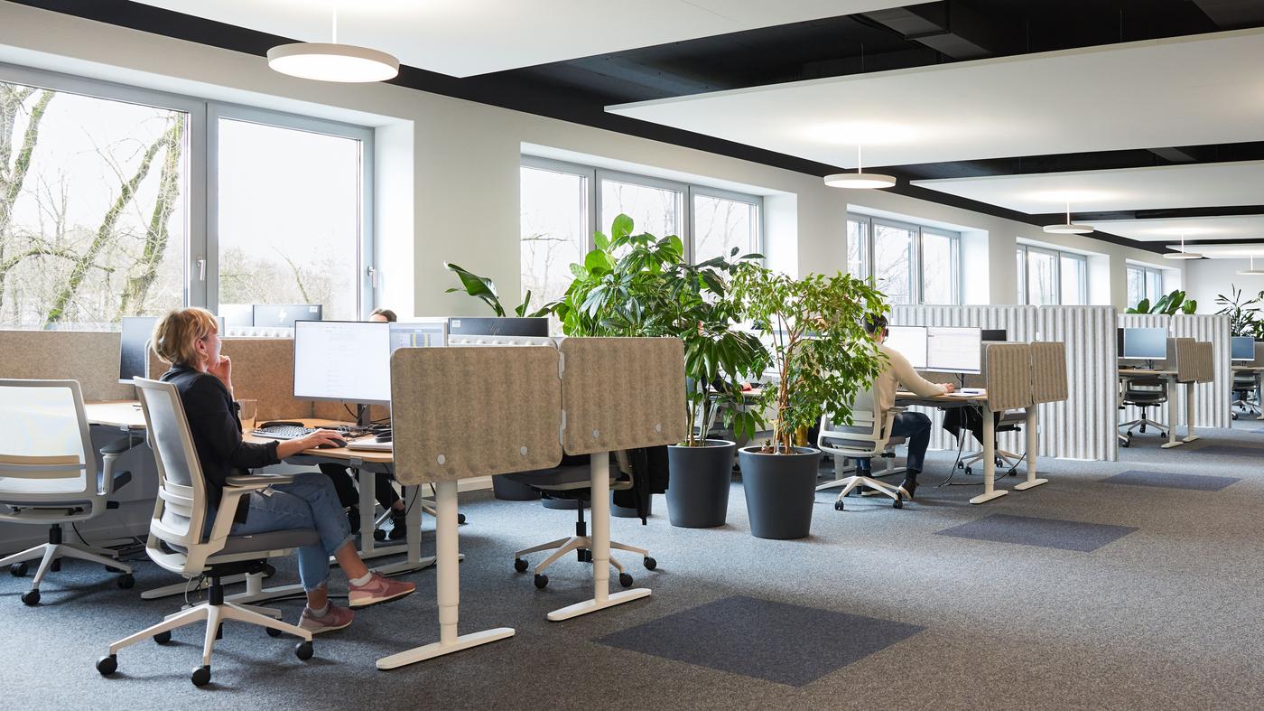 An open-plan office would be created with several rows of stylish desks separated by large planters