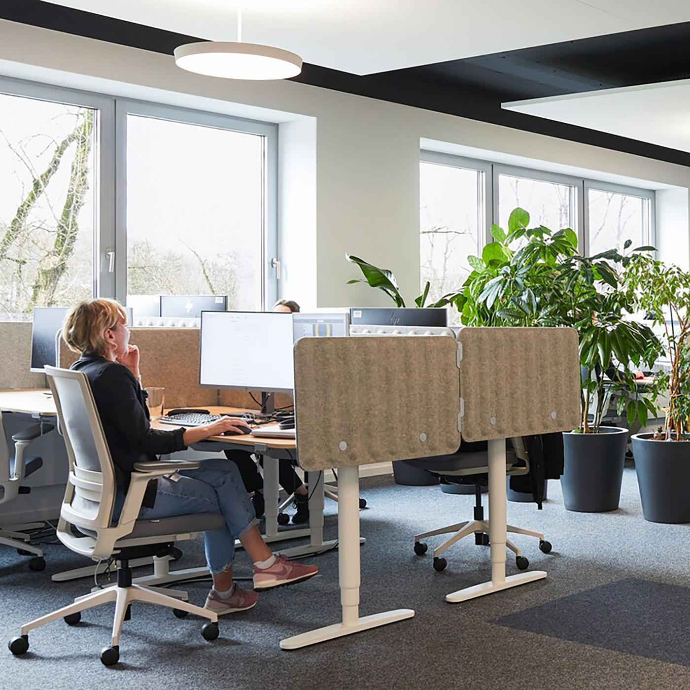 An open-plan office would be created with several rows of stylish desks separated by large planters