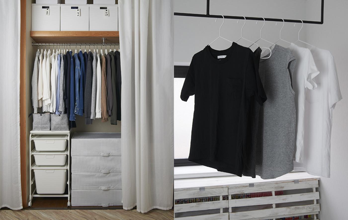 An open wardrobe in an alcove with clothes rail, shelf and boxes, and T-shirts hanging on a rail across a window.