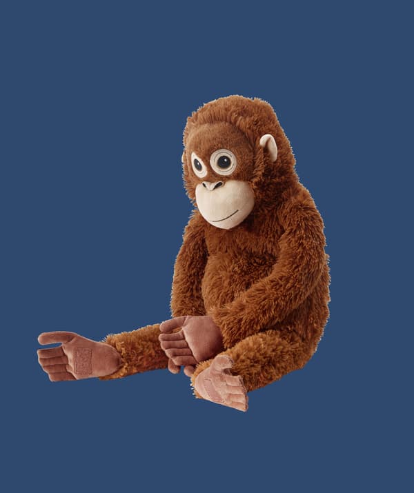 An orangutan soft toy on a blue background.