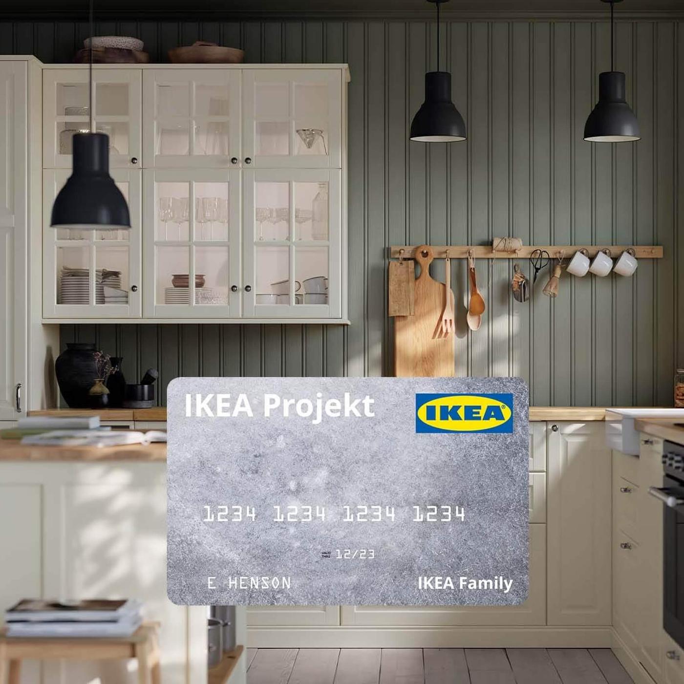 An organized kitchen with white cabinets and birch countertops with IKEA Projekt card shown on image.