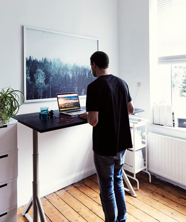 André occupé à travailler sur un bureau debout dans une pièce blanche avec au mur une grande photo représentant une forêt.