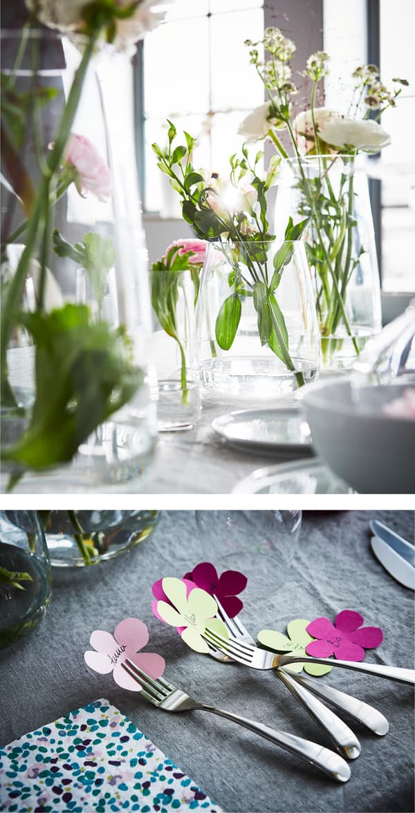 Are you looking for kitchen decor ideas? Go for a table setting with several different vases that form a centrepiece. IKEA offers a lot of vases, such as BERÄKNA vase in clear glass.