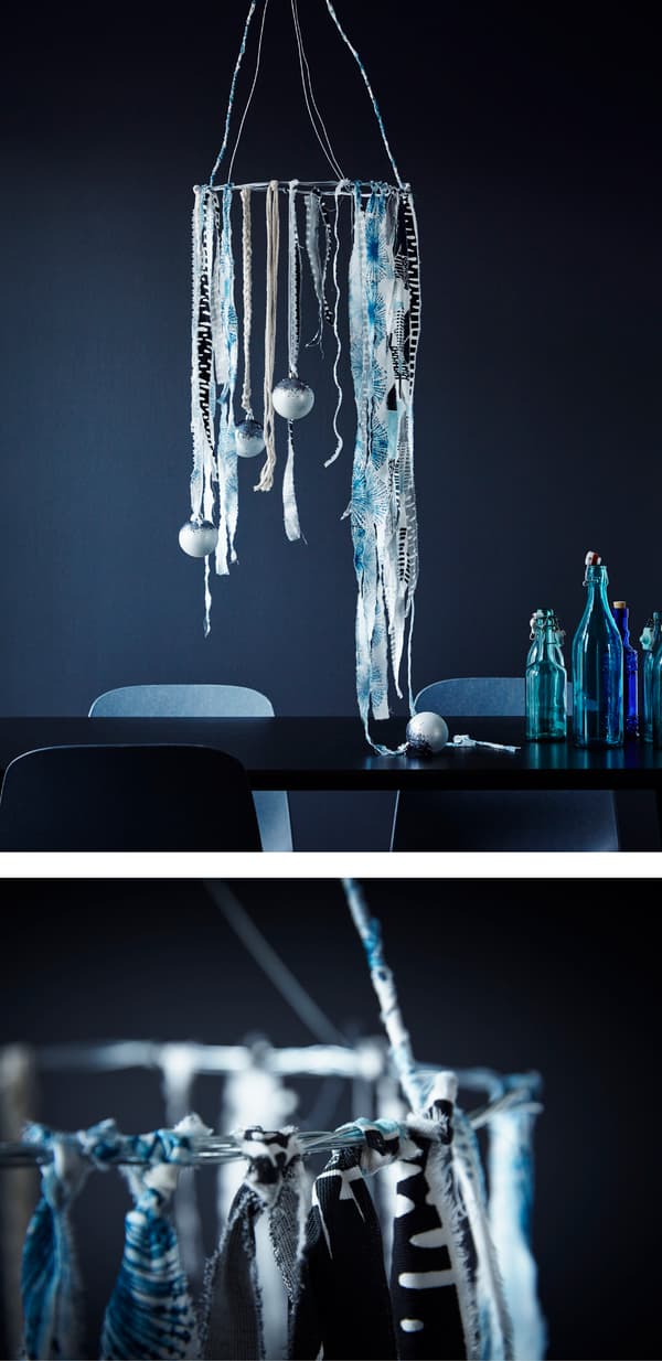 Are you looking for living room decoration ideas this holiday? Create a faux tree using textiles! IKEA has a lot of Christmassy fabric such as BRUDSLÖJA fabric in multicolour or INGELILL fabric with blue flowers.