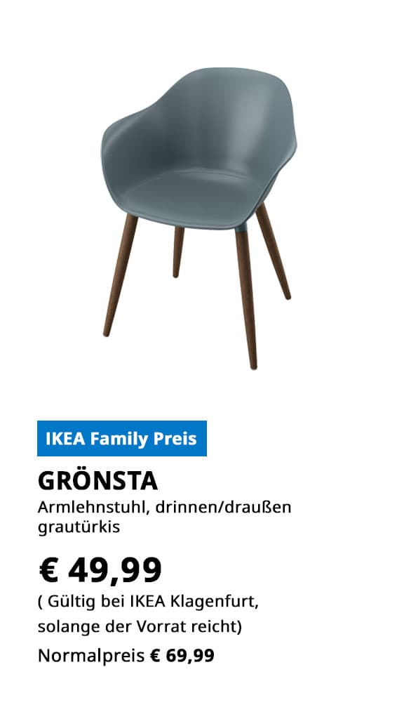  Armlehnstuhl Grönsta, drinnen/draußen, grautürkis, statt € 69,99 zum IKEA Family Preis von € 49,99.