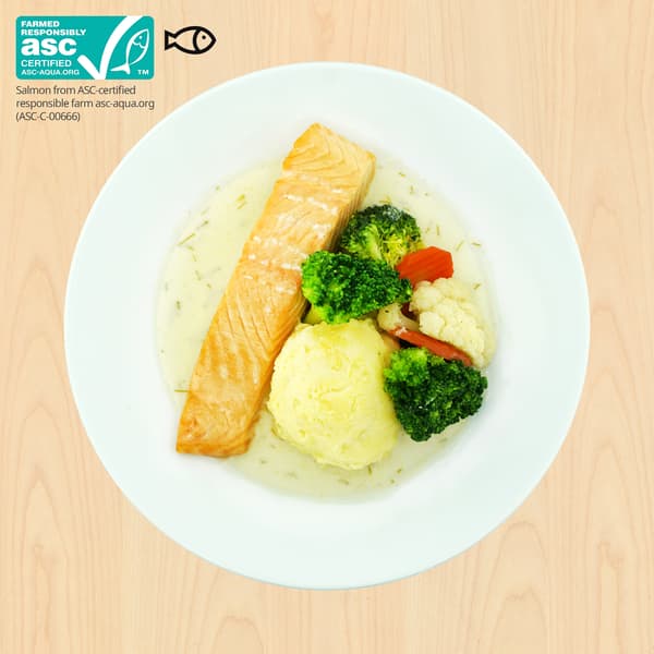 ASC baked salmon fillet
with lemon and dill sauce, mashed potato, and mixed vegetables
₱445