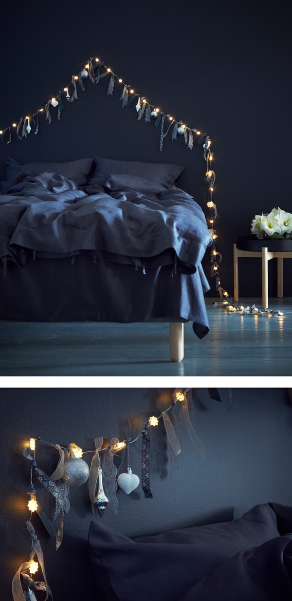 Attachez des rubans et des plumes à une guirlande lumineuse pour lui donner une touche magique et accrochez-la au niveau de la tête de lit.