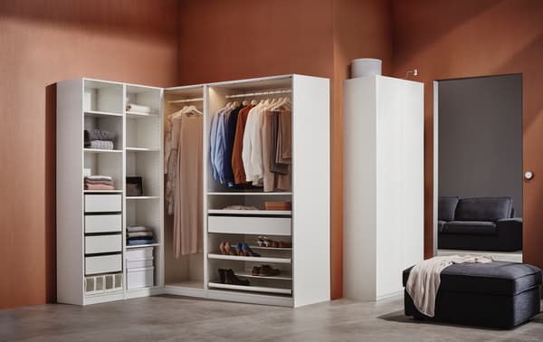 Bedroom showcasing two PAX wardrobes in White Stained Oak 