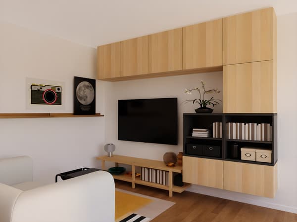 BESTÅ TV sestav, imitacija beljenega hrasta / LAPPVIKEN temno siva, 300x41x230 cm