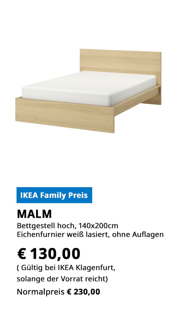  Bettgestell Malm, hoch,  140x200cm, Eichenfurnier weiß lasiert, ohne Auflagen, statt € 230 um € 130.