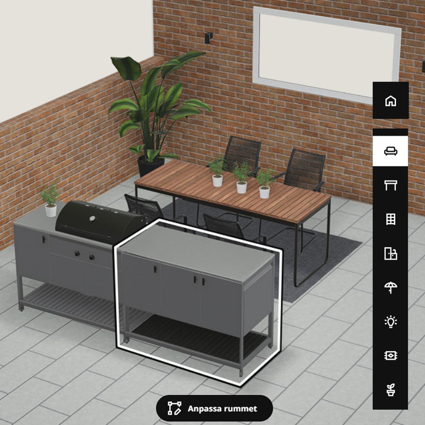 Bild från planeringsverktyget där man designar och inreder sin uteplats.