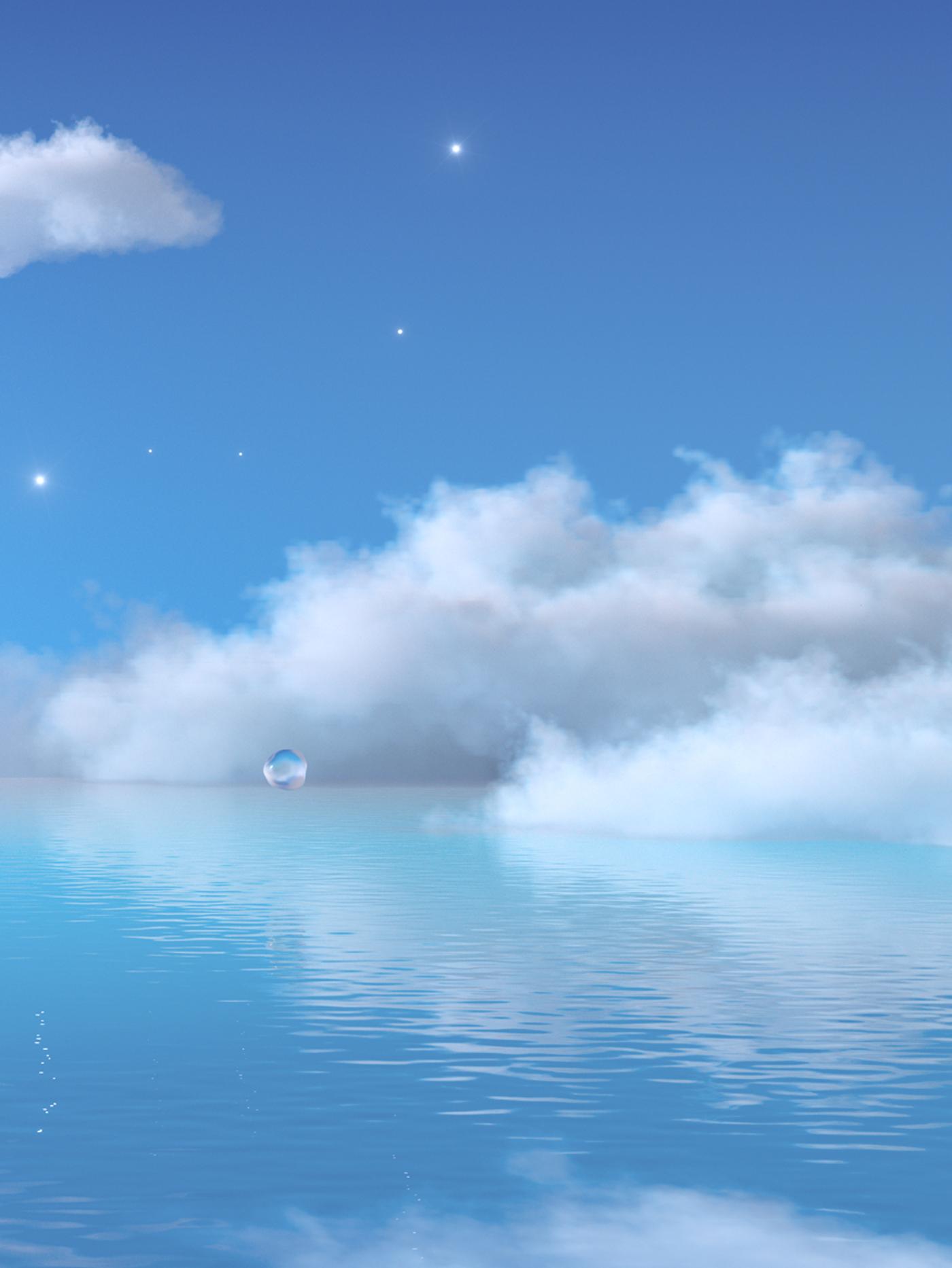 Bintang dan awan gebu berwarna putih di langit berwarna biru di atas lautan air berwarna biru yang lembut.