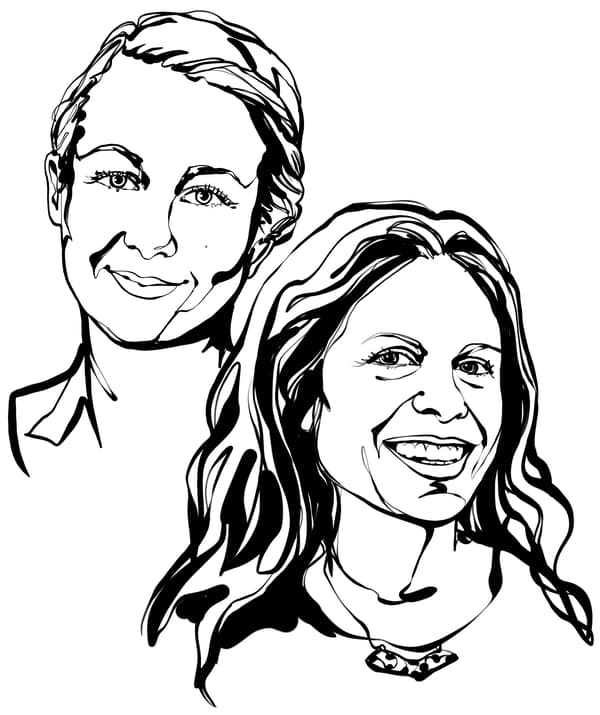 Black-and-white, face-focused sketch of the two interior designers featured in the text, Jenny Wik and Emilia Ljungberg.