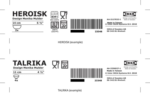 Black and white packaging labels for HEROISK and TALRIKA products showing the IKEA logo and other product information.