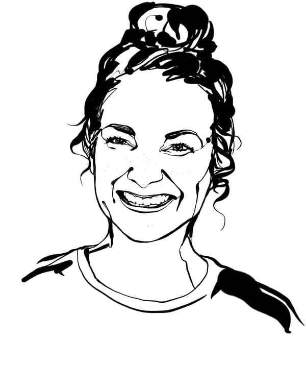 Black-and-white sketch of interior designer Sara Zetterström; smile, long hair worn up in a high bun.