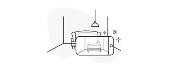 Black and white vector icon of a sofa in a living room, image taken on a mobile phone,  to illustrate IKEA Home design service