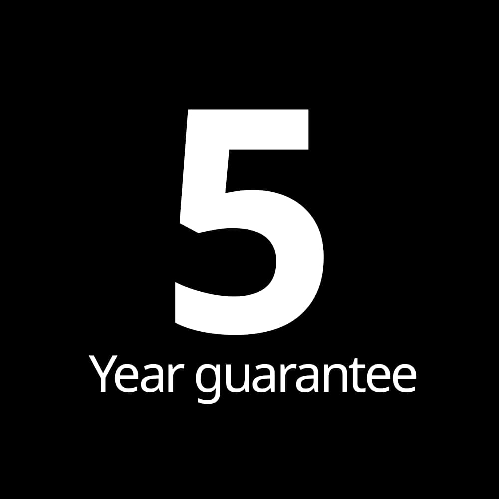 Black box with white text that reads "5 Year guarantee"