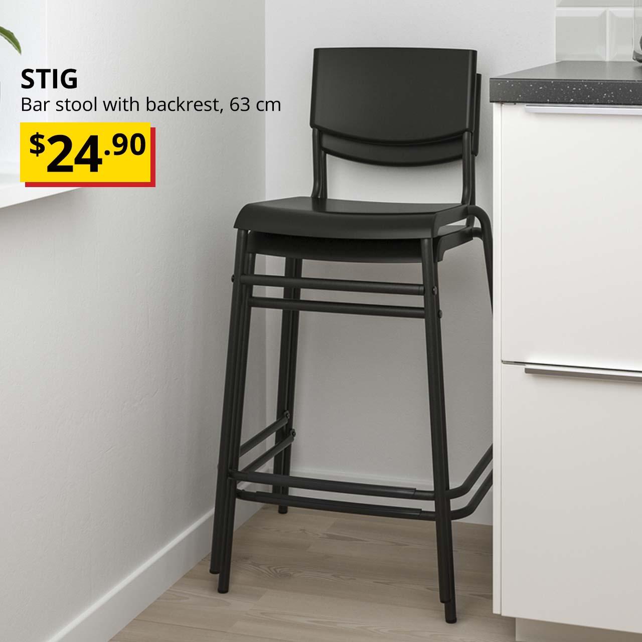 Black STIG bar stool with backrest. Price: $24.90