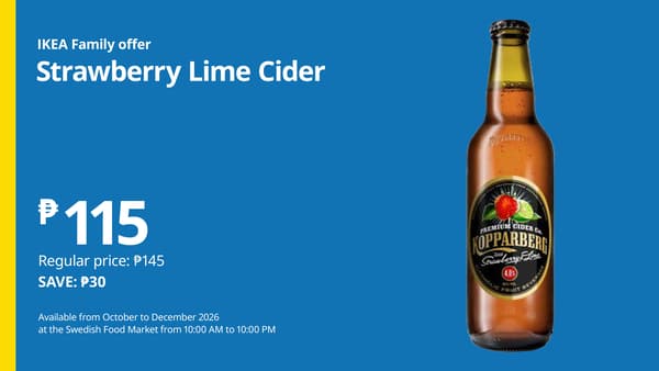 Blue IKEA Family offer advertises a bottle of Kopparberg strawberry lime cider for ₱115, saving ₱30; available October to December at the Swedish Food Market.