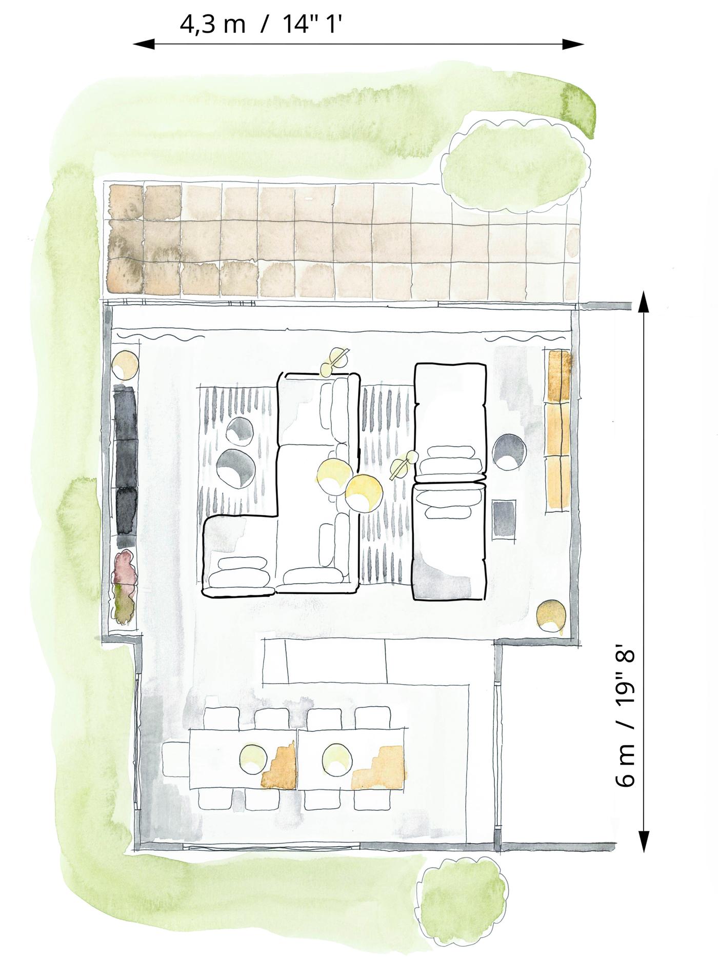 Boceto en color del plano para mostrar los muebles del salón dispuestos en zonas separadas de relax y TV.