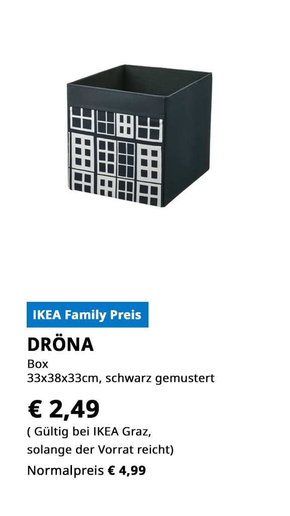 Box DRÖNA, 33x38x33cm, schwarz gemustert, statt € 4,99 zum IKEA Family Preis von € 2,49.