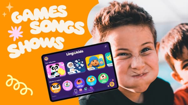 Boy with Lingokids graphic