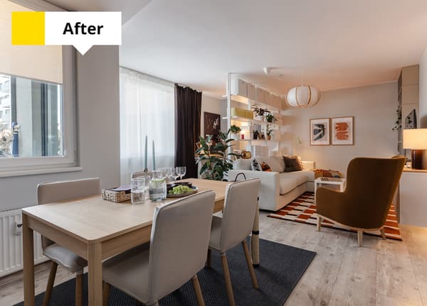 Bright, open-plan living and dining room with a dining table, upholstered chairs, a sofa, an armchair, open shelving and layered lighting. A label in the top-left corner reads “After”.						