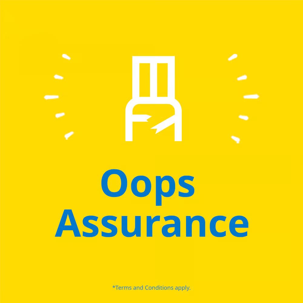 Bright yellow promotional graphic with a white broken USB-drive icon and blue “Oops Assurance” text, conveying a playful, reassuring tone; terms and conditions apply.