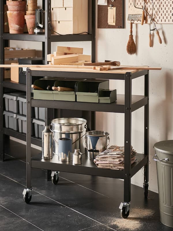 BROR Trolley, black/pine plywood85x55 cm
