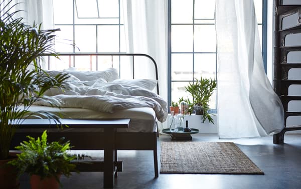 Chambre avec lit défait, fenêtres ouvertes, tapis sur le sol et un grand nombre de plantes vertes.