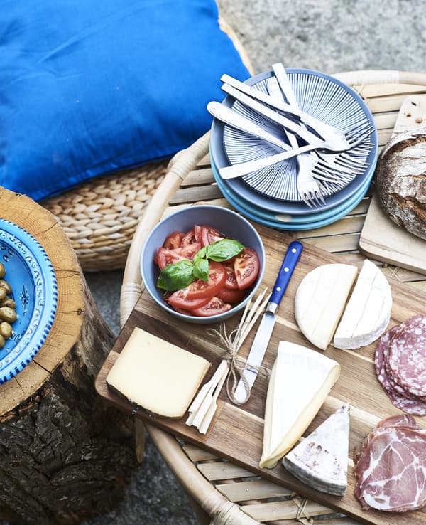 Charcuteries, fromages et vaisselle bleue sur la table basse