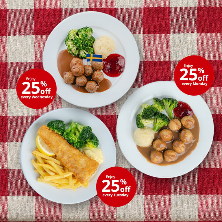 Chicken balls, fish and chips, beef meatballs at 25% off