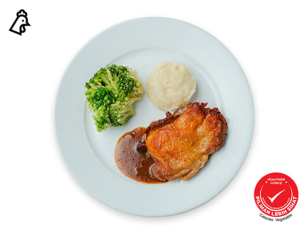 Chicken Chop with black pepper sauce, mashed potatoes and broccoli. With a healthier choice logo.