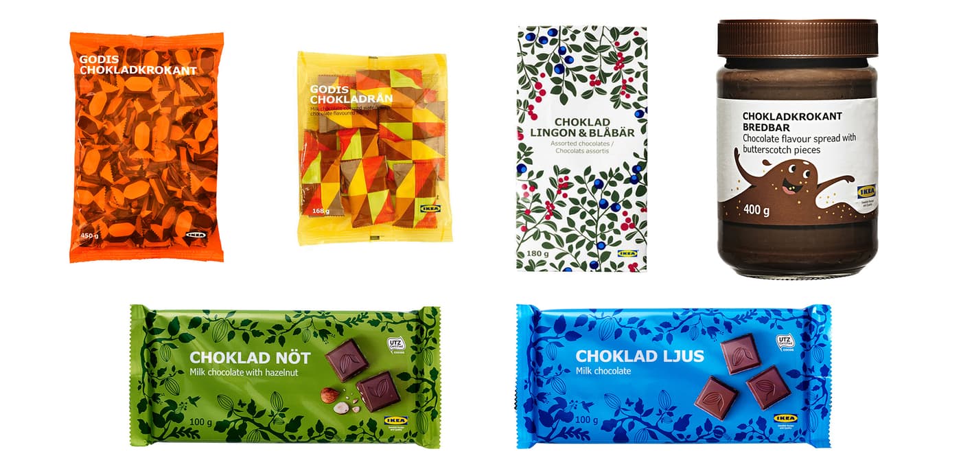 CHOKLAD LINGON & BLÅBÄR 180g (chocolate with lingon/blueberry flavour), CHOKLAD LJUS UTZ 100g (milk chocolate bar), CHOKLAD NÖT UTZ 100g (milk chocolate bar with hazelnut), GODIS CHOKLADKROKANT 450g (milk chocolate with butterscotch), GODIS CHOKLADRÅN 168g (chocolate filled wafers) and CHOKLADKROKANT BREDBAR 400g (chocolate butterscotch spread)
