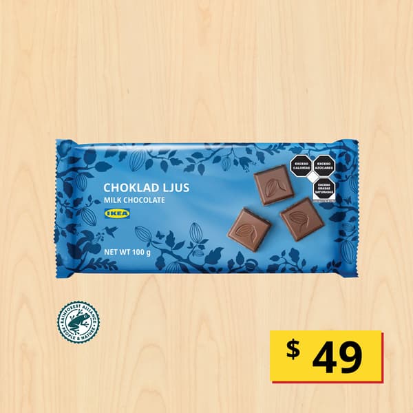 Choklad ljus
Tableta chocolate c/leche, Rainforest Alliance Certified, 100 g