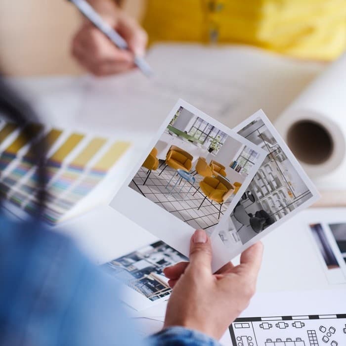 Close-up of a person holding two printed interior design photos, featuring modern office lounge areas with mustard yellow armchairs and bright, airy decor. In the background, another person is reviewing architectural plans and color swatches on a table, suggesting a collaborative design or planning session. A roll of architectural paper and various design materials are also visible.