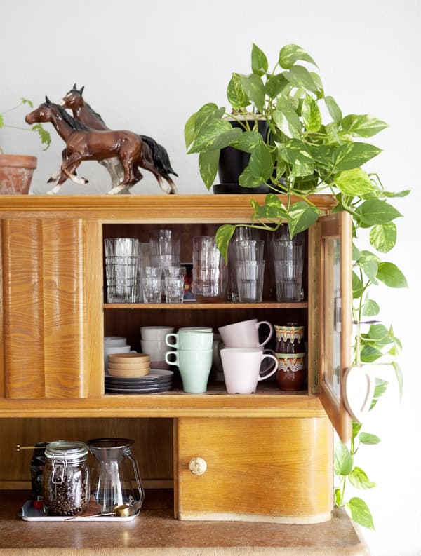 Close-up of a vintage display cabinet.