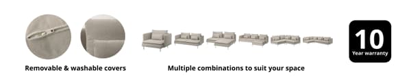 Close-up of beige fabric zip and cushion showing removable and washable covers. Beige modular sofa components shown in six configurations from single chair to sectional. Text reads 'Removable & washable covers' and 'Multiple combinations to suit your space'. Icon on right displays '10 Year warranty'.
