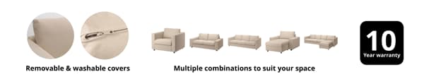 Close-up of beige VIMLE cushion and zipper showing removable and washable covers. Beige modular sofa components arranged in six configurations. Text reads 'Removable & washable covers' and 'Multiple combinations to suit your space'. Icon on the right shows '10 Year warranty'.