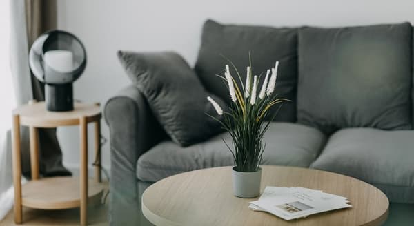 Close-up of living room decor featuring potted plant on wooden coffee table and modern table lamp.